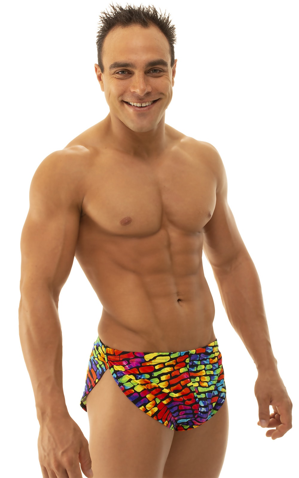 mens sexy swimsuit bikini cover up split shorts in Tan Through Technicolor